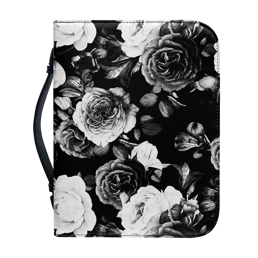 Black White Rose Floral Pattern Print Leather Bible Cover