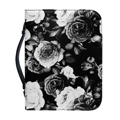 Black White Rose Floral Pattern Print Leather Bible Cover