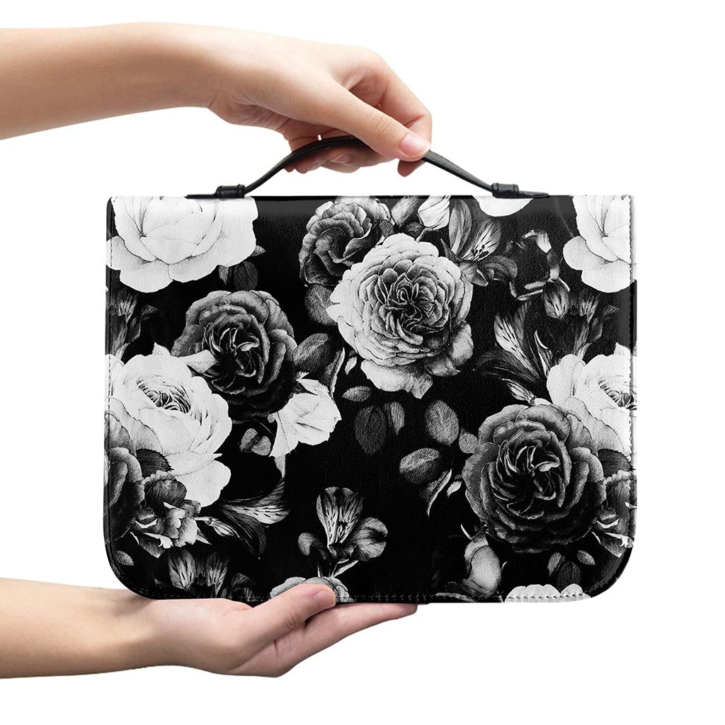 Black White Rose Floral Pattern Print Leather Bible Cover