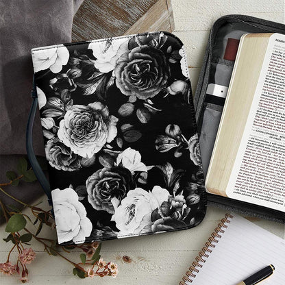 Black White Rose Floral Pattern Print Leather Bible Cover