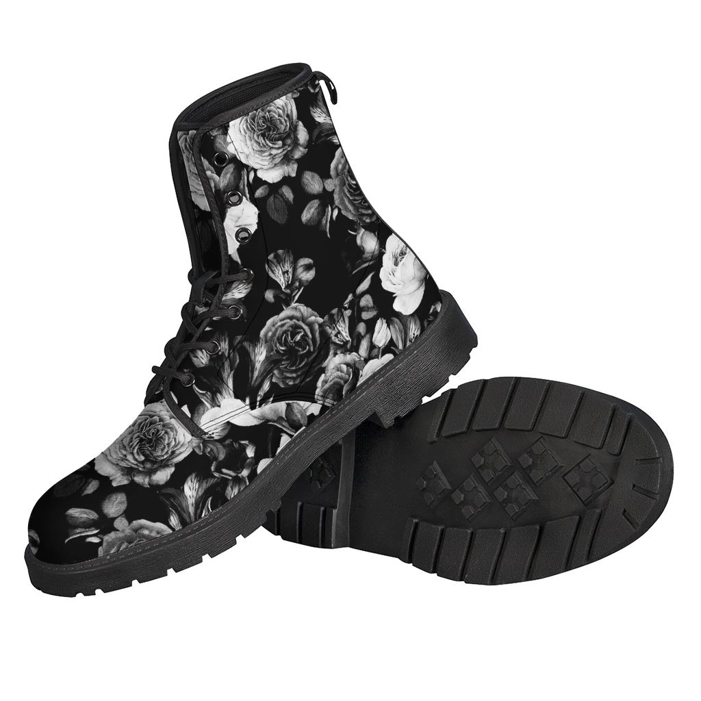 Black White Rose Floral Pattern Print Backpack