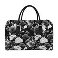Black White Rose Floral Pattern Print Leather Duffel Bag
