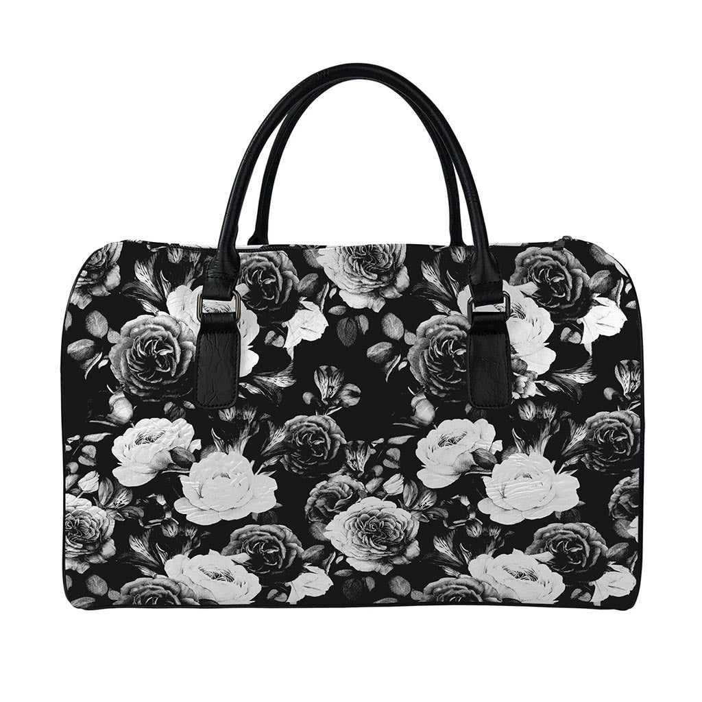 Black White Rose Floral Pattern Print Leather Duffle Bag