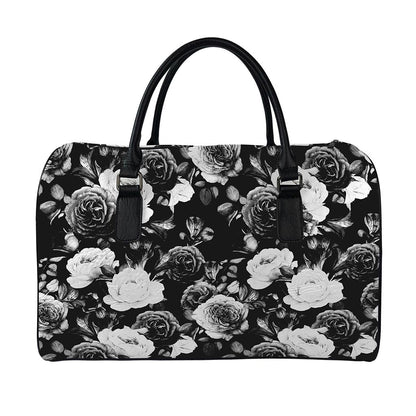 Black White Rose Floral Pattern Print Leather Duffle Bag