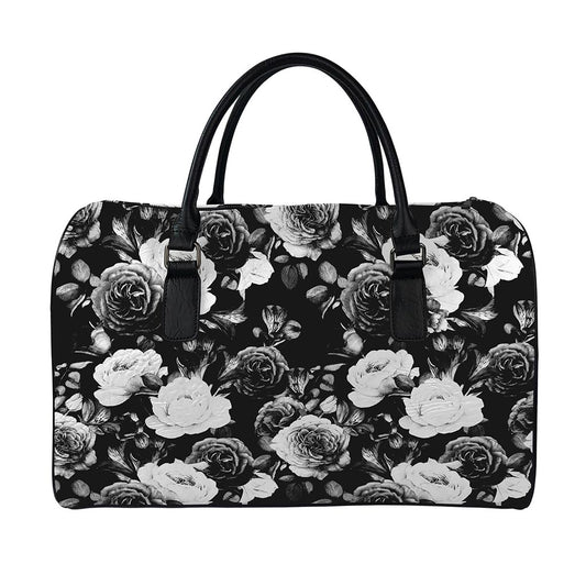 Black White Rose Floral Pattern Print Leather Duffle Bag