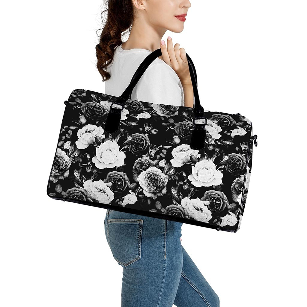 Black White Rose Floral Pattern Print Leather Duffle Bag
