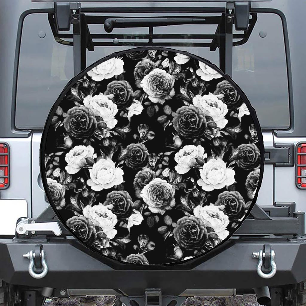 Black White Rose Floral Pattern Print Leather Spare Tire Cover