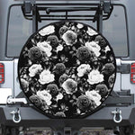 Black White Rose Floral Pattern Print Leather Spare Tire Cover