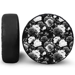 Black White Rose Floral Pattern Print Leather Spare Tire Cover