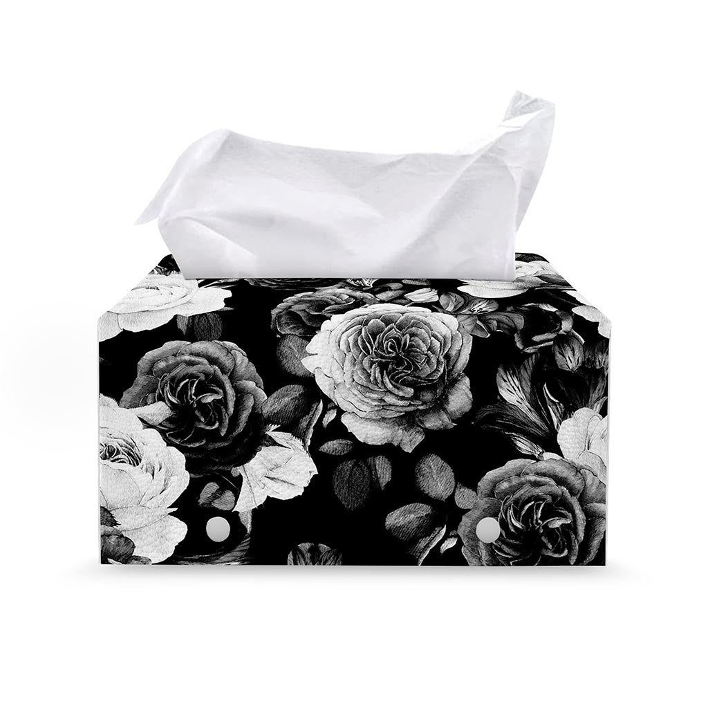 Black White Rose Floral Pattern Print Leather Tissue Box Cover