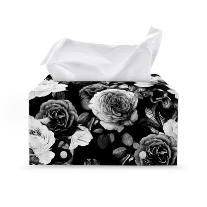 Black White Rose Floral Pattern Print Leather Tissue Box Cover