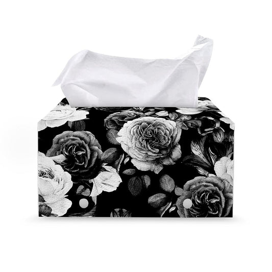 Black White Rose Floral Pattern Print Leather Tissue Box Cover