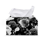 Black White Rose Floral Pattern Print Leather Tissue Box Cover