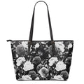 Black White Rose Floral Pattern Print Leather Tote Bag With Zipper