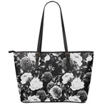 Black White Rose Floral Pattern Print Leather Tote Bag