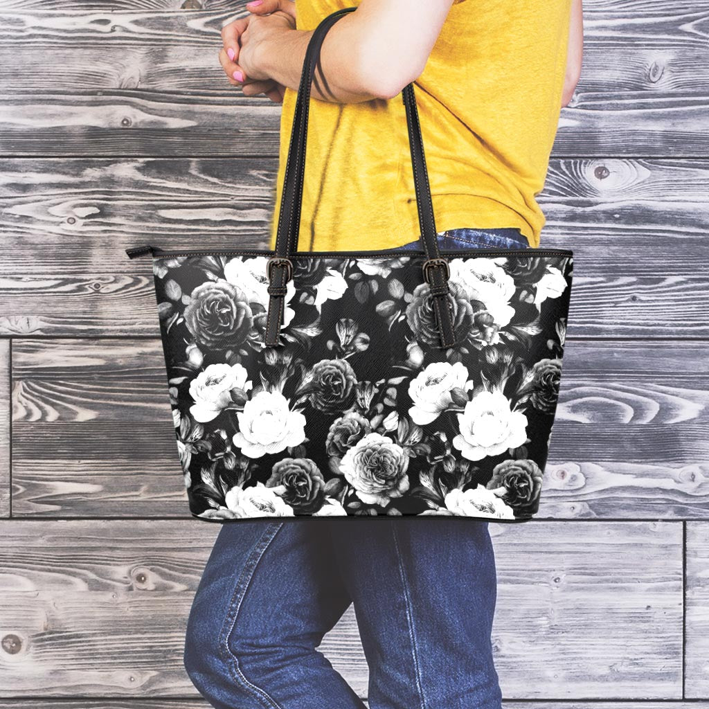 Black White Rose Floral Pattern Print Leather Tote Bag