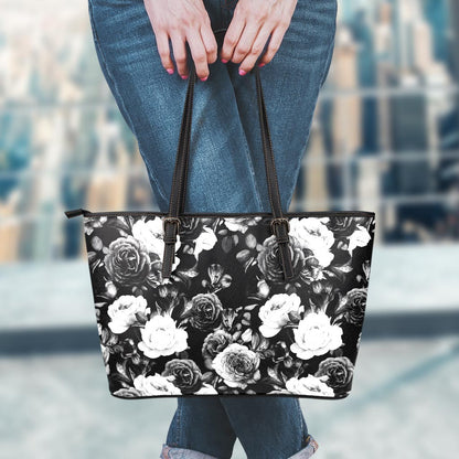 Black White Rose Floral Pattern Print Leather Tote Bag