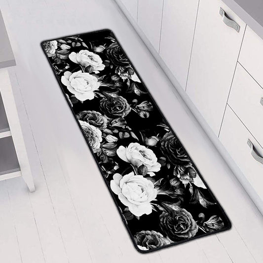Black White Rose Floral Pattern Print Long Kitchen Mat