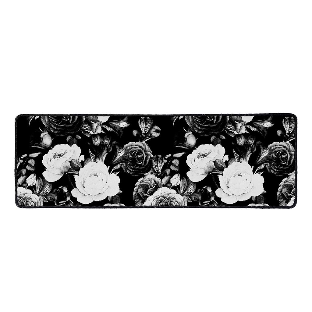 Black White Rose Floral Pattern Print Long Kitchen Mat