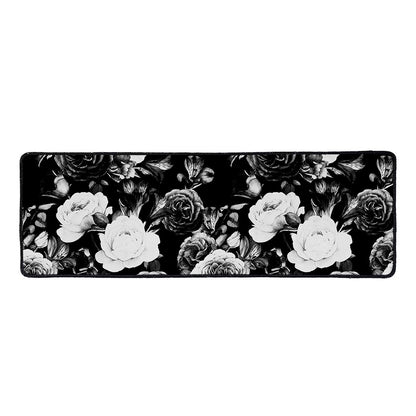 Black White Rose Floral Pattern Print Long Kitchen Mat