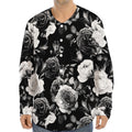 Black White Rose Floral Pattern Print Long Sleeve Baseball Jersey