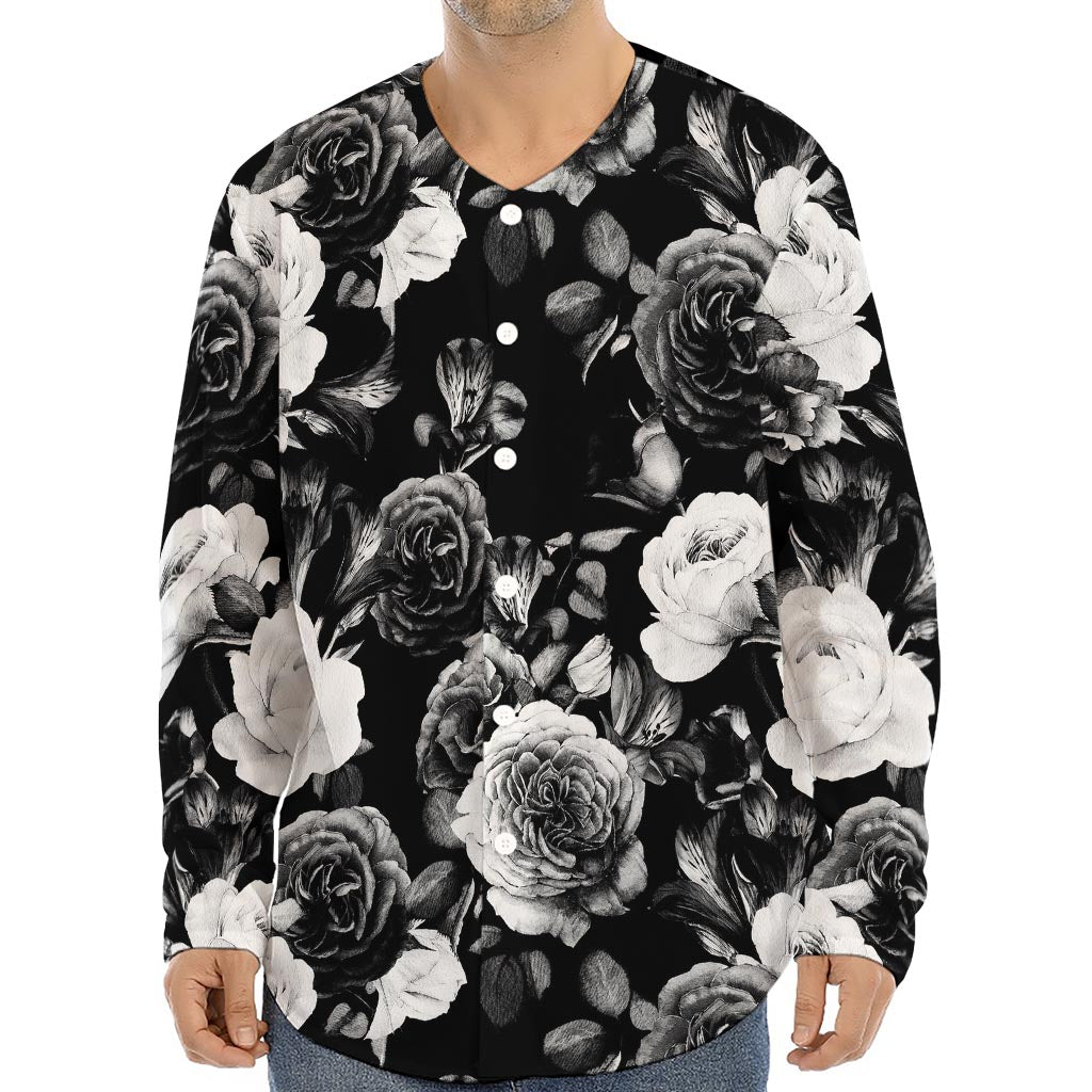 Black White Rose Floral Pattern Print Long Sleeve Baseball Jersey