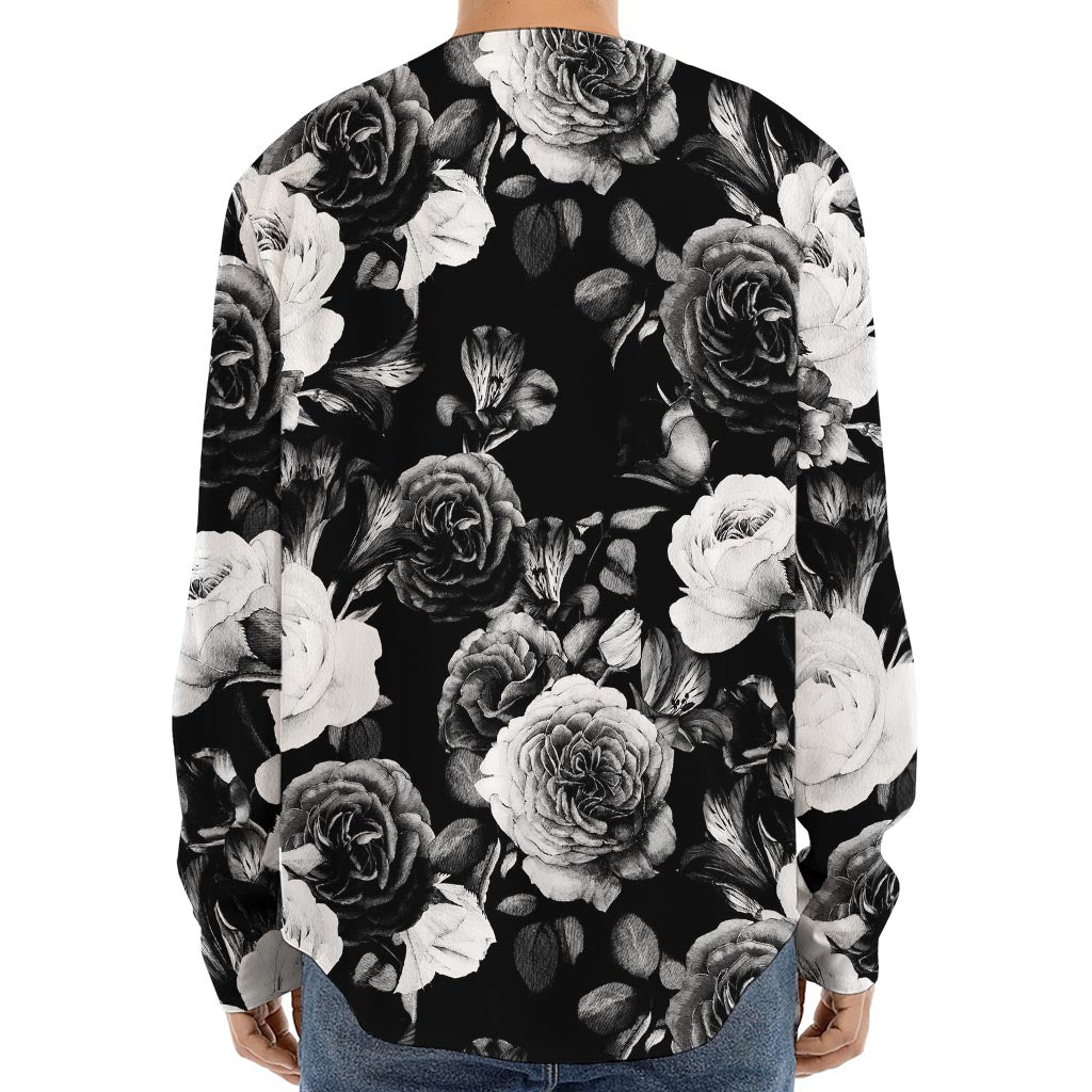 Black White Rose Floral Pattern Print Long Sleeve Baseball Jersey