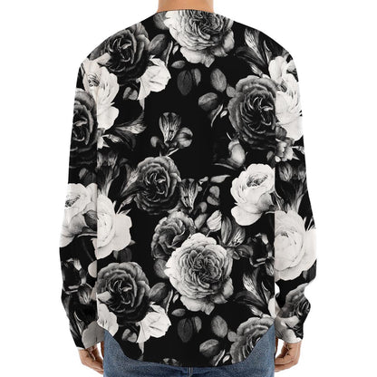 Black White Rose Floral Pattern Print Long Sleeve Baseball Jersey