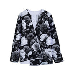 Black White Rose Floral Pattern Print Long Sleeve Short Coat
