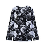 Black White Rose Floral Pattern Print Long Sleeve Short Coat