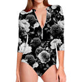 Black White Rose Floral Pattern Print Long Sleeve Swimsuit
