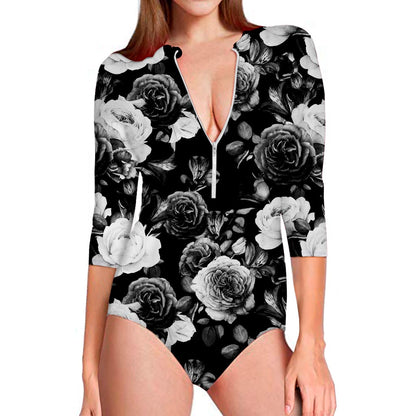 Black White Rose Floral Pattern Print Long Sleeve Swimsuit
