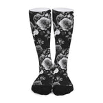 Black White Rose Floral Pattern Print Long Socks