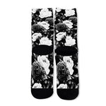 Black White Rose Floral Pattern Print Long Socks