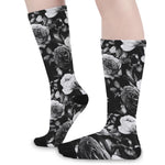 Black White Rose Floral Pattern Print Long Socks