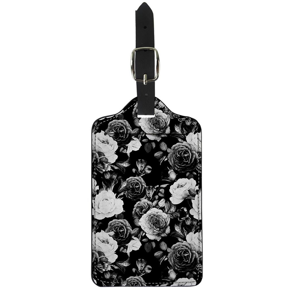 Black White Rose Floral Pattern Print Luggage Tag