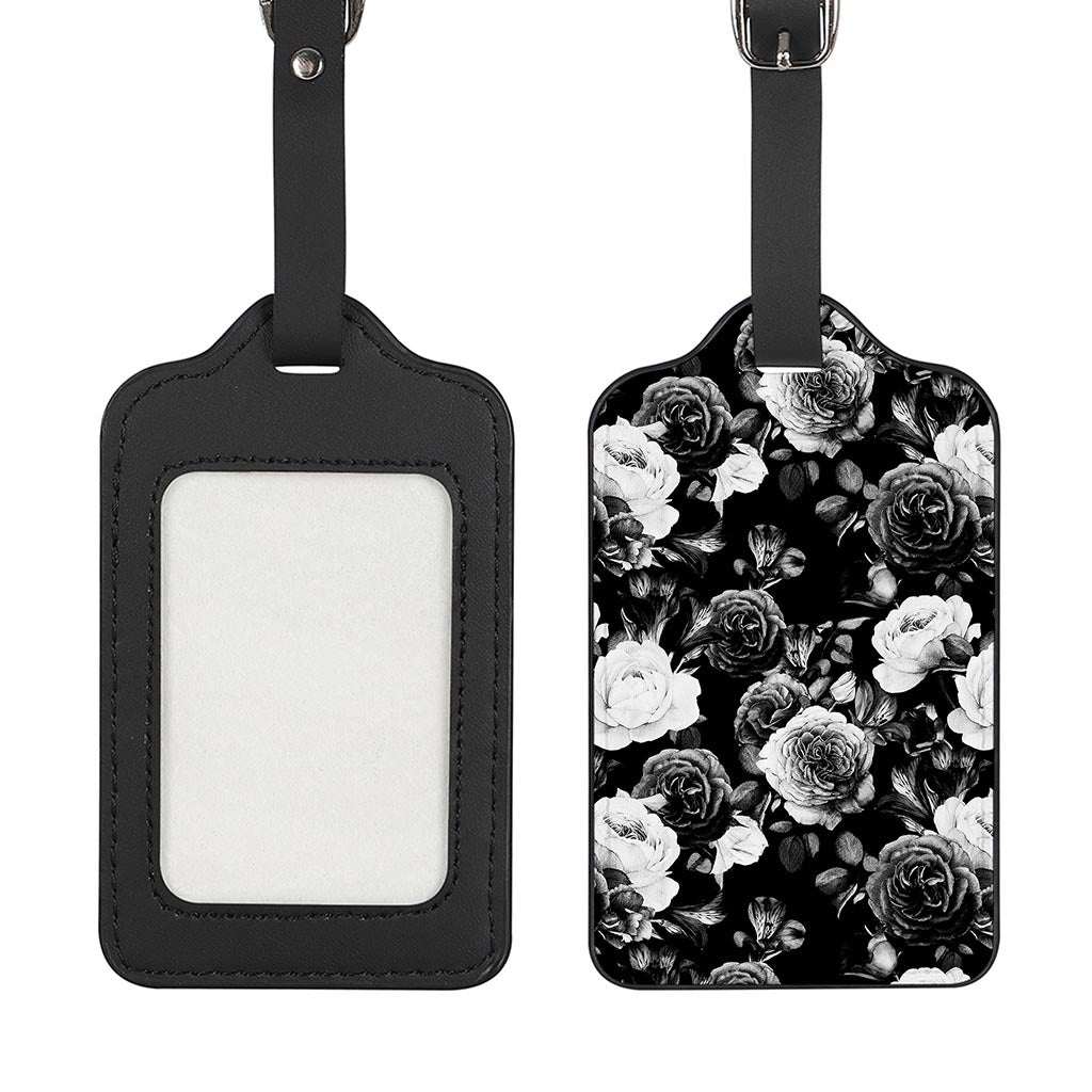 Black White Rose Floral Pattern Print Luggage Tag