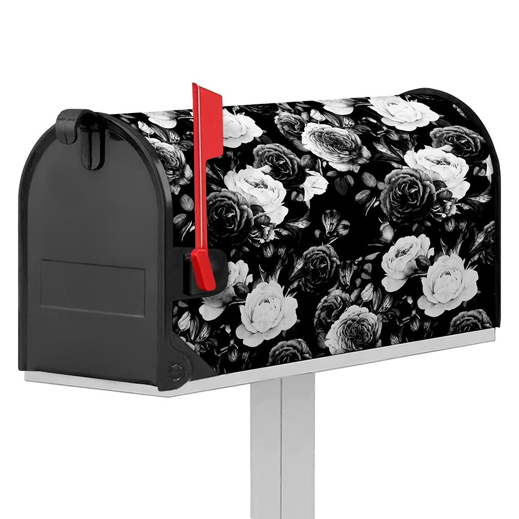 Black White Rose Floral Pattern Print Mailbox Cover