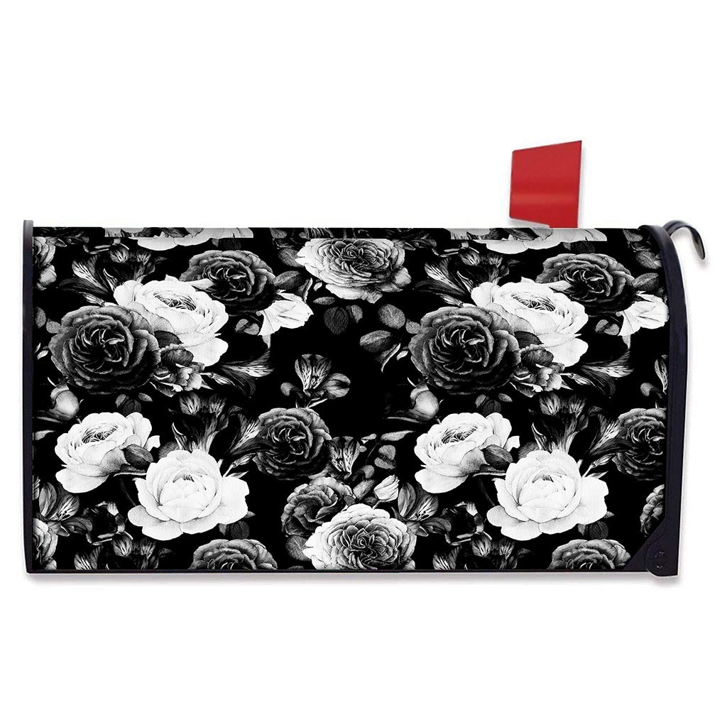 Black White Rose Floral Pattern Print Mailbox Cover