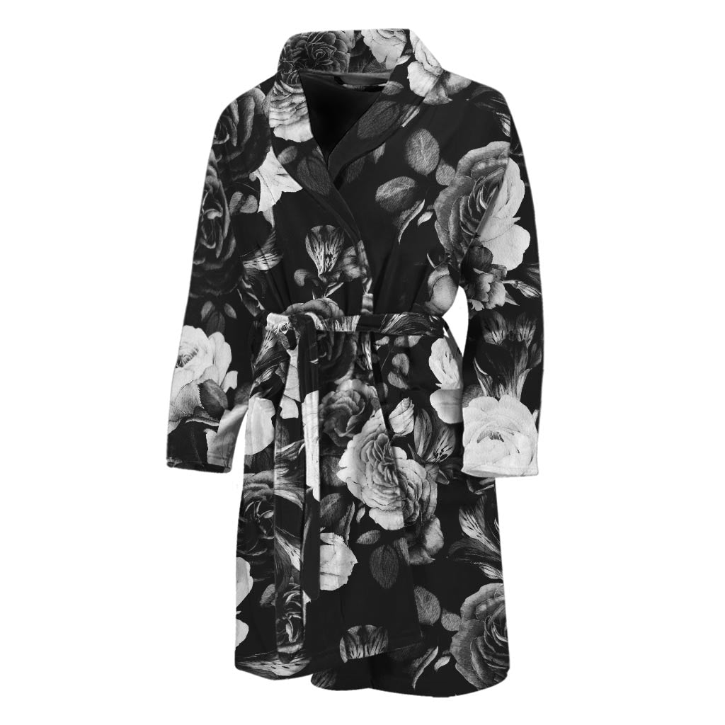 Black White Rose Floral Pattern Print Men's Bathrobe