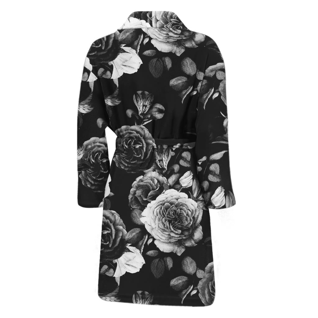 Black White Rose Floral Pattern Print Men's Bathrobe