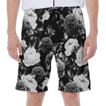 Black White Rose Floral Pattern Print Men's Beach Shorts