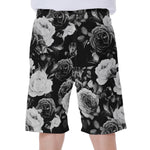 Black White Rose Floral Pattern Print Men's Beach Shorts