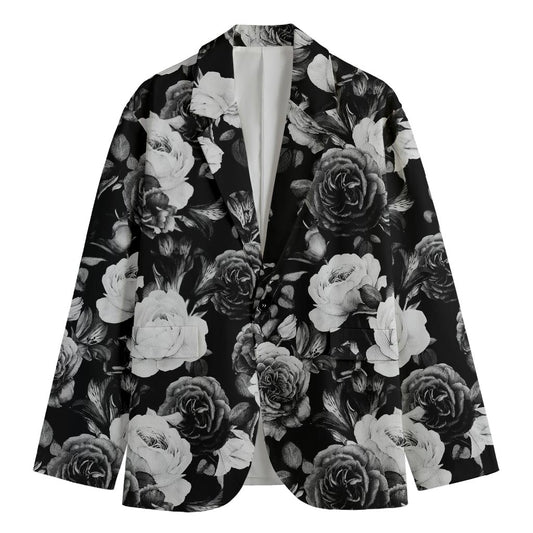 Black White Rose Floral Pattern Print Men's Blazer