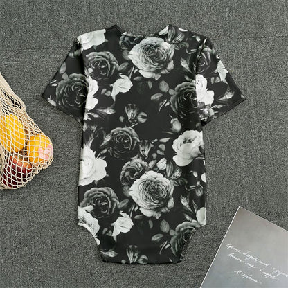 Black White Rose Floral Pattern Print Men's Bodysuit