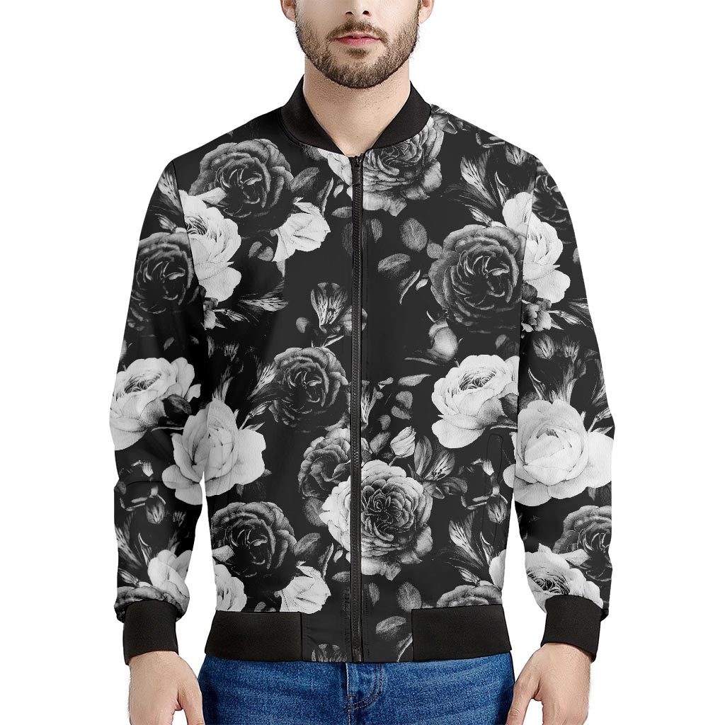 Black White Rose Floral Pattern Print Men's Bomber Jacket