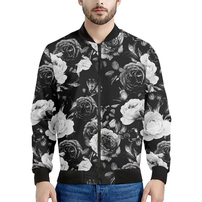 Black White Rose Floral Pattern Print Men's Bomber Jacket