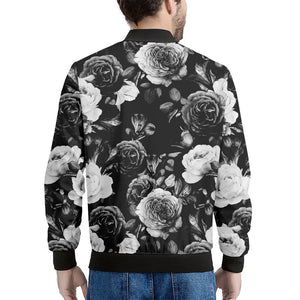 Black White Rose Floral Pattern Print Men's Bomber Jacket
