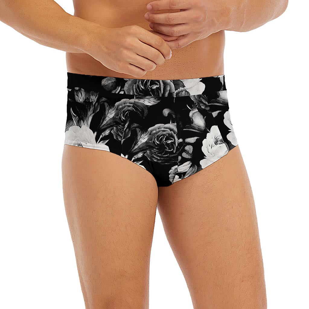Black White Rose Floral Pattern Print Men's Briefs