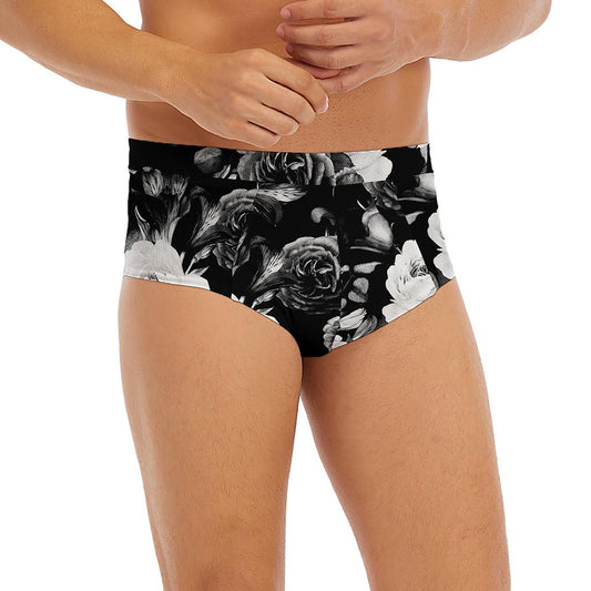 Black White Rose Floral Pattern Print Men's Briefs